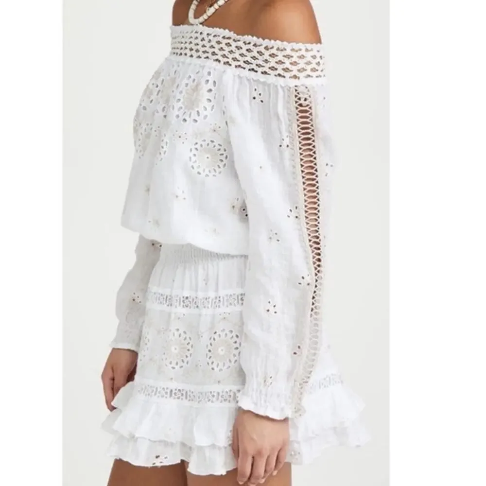 Temptation Positano Irlanda White Smocked‎ Eyelet 100% Linen Mini Dress - Picture 4 of 12